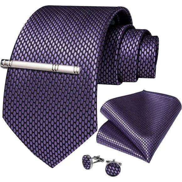 🆕Men Purple Plaid Silk Checkered Necktie Pocket Square Cufflinks Tie Clip Set
